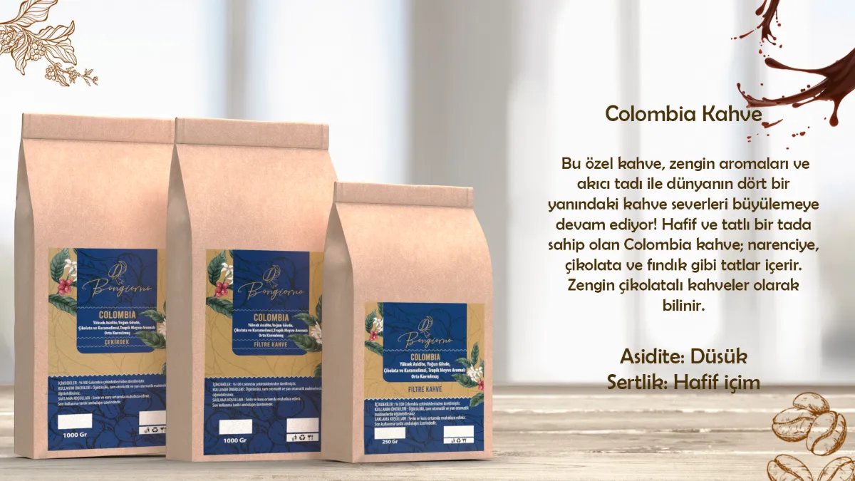 Bongiorno Colombia kahve paketleri ve ürün açıklaması
