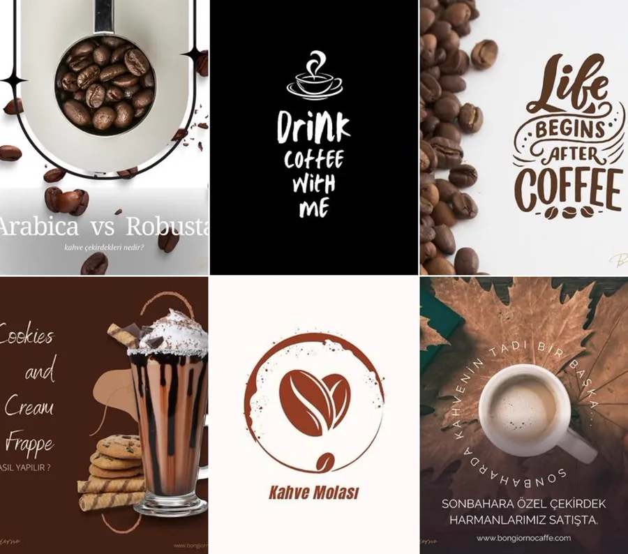 Bongiorno Roast Caffé Instagram hesabından altı paylaşım: Arabica ve Robusta, kahve sloganları, frappe tarifi, Kahve Molası ve sonbahar harmanları